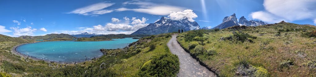 A panoramic view of a mountain trail in Patagonia in Torres del Paine national park in Chile.